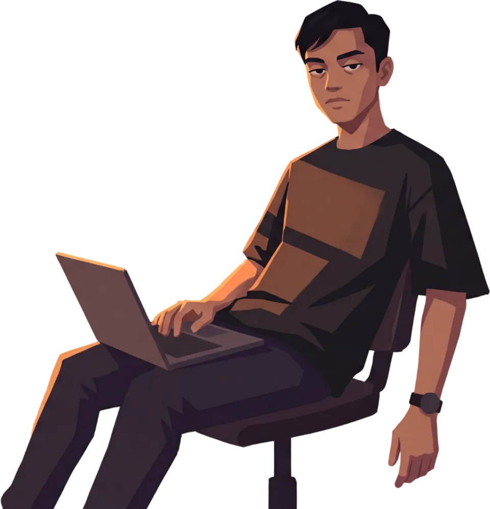 Illustrated Arif, seated with his laptop