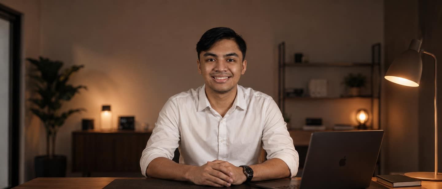 Arif Kamil at his desk at night, lit by a warm lamp